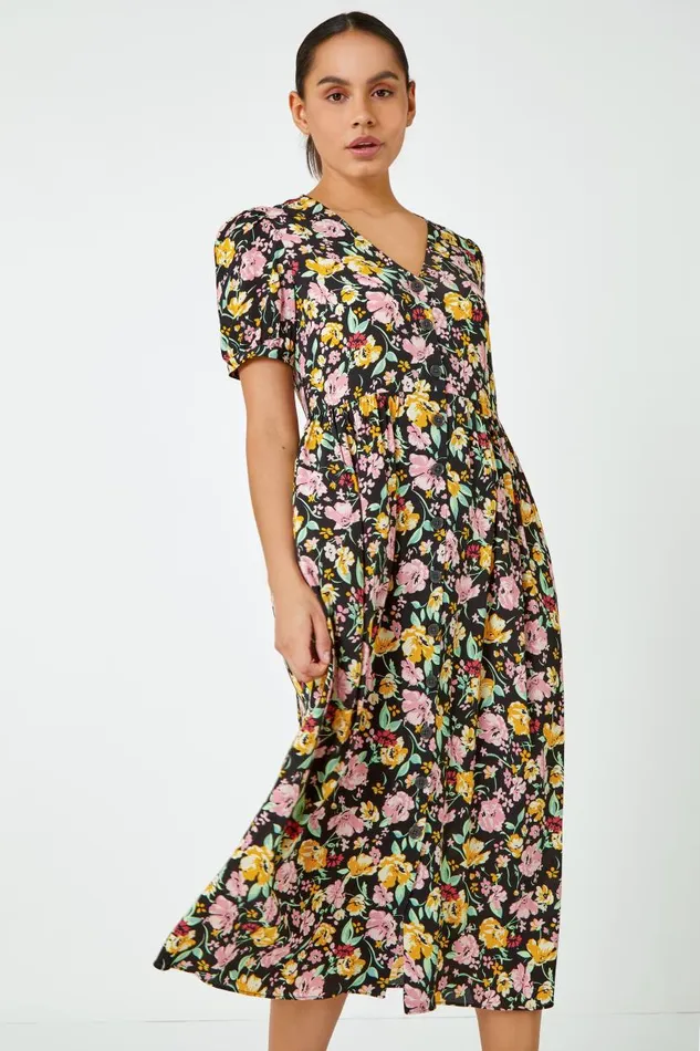 Multi Floral Print Button Through Dress Women Roman Dresses