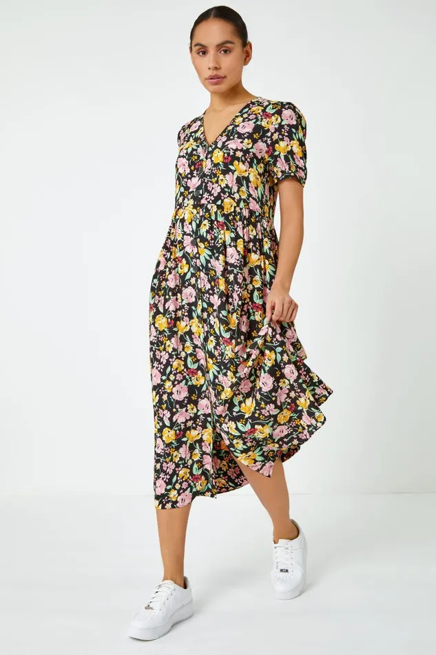 Multi Floral Print Button Through Dress Women Roman Dresses