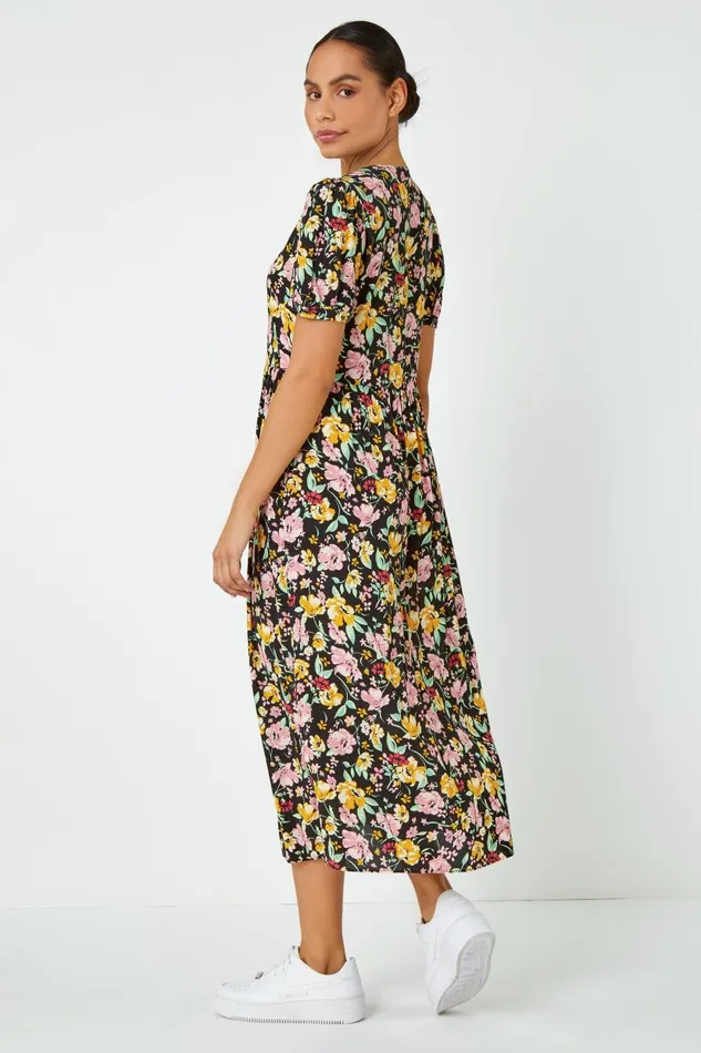 Multi Floral Print Button Through Dress Women Roman Dresses