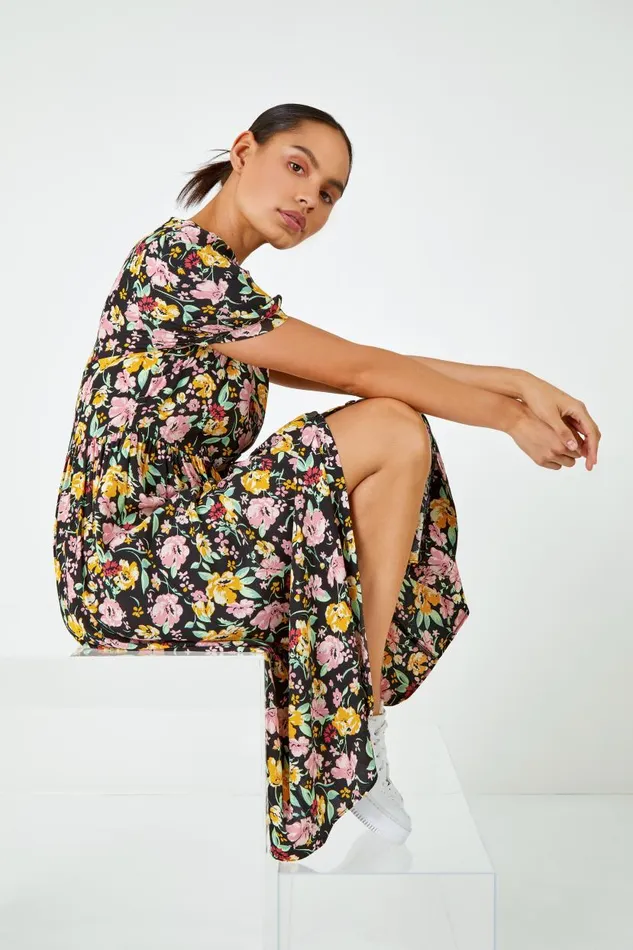 Multi Floral Print Button Through Dress Women Roman Dresses