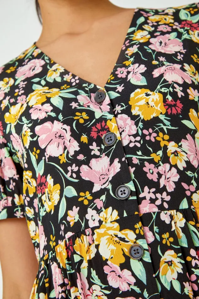 Multi Floral Print Button Through Dress Women Roman Dresses
