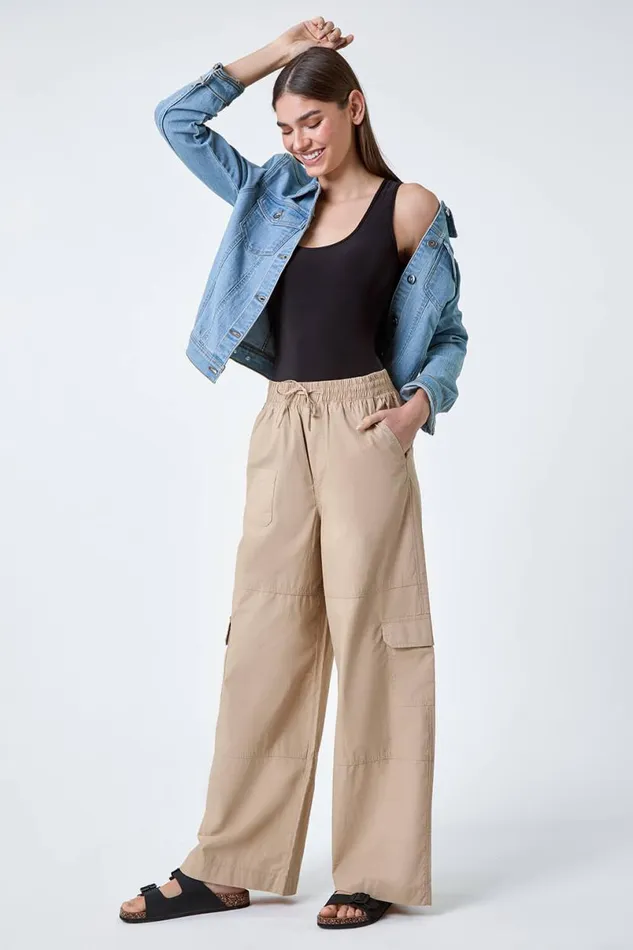 Natural Cotton Elastic Waist Wide Leg Cargo Trousers Women Roman Trousers