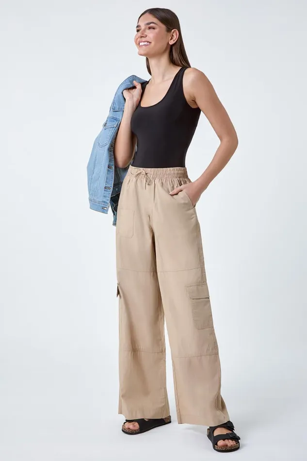 Natural Cotton Elastic Waist Wide Leg Cargo Trousers Women Roman Trousers