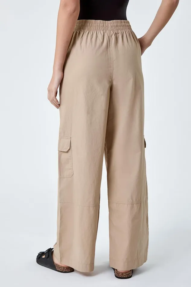 Natural Cotton Elastic Waist Wide Leg Cargo Trousers Women Roman Trousers