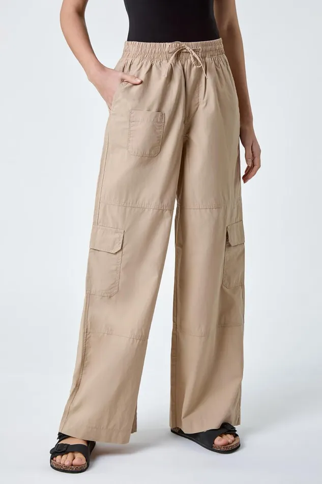 Natural Cotton Elastic Waist Wide Leg Cargo Trousers Women Roman Trousers