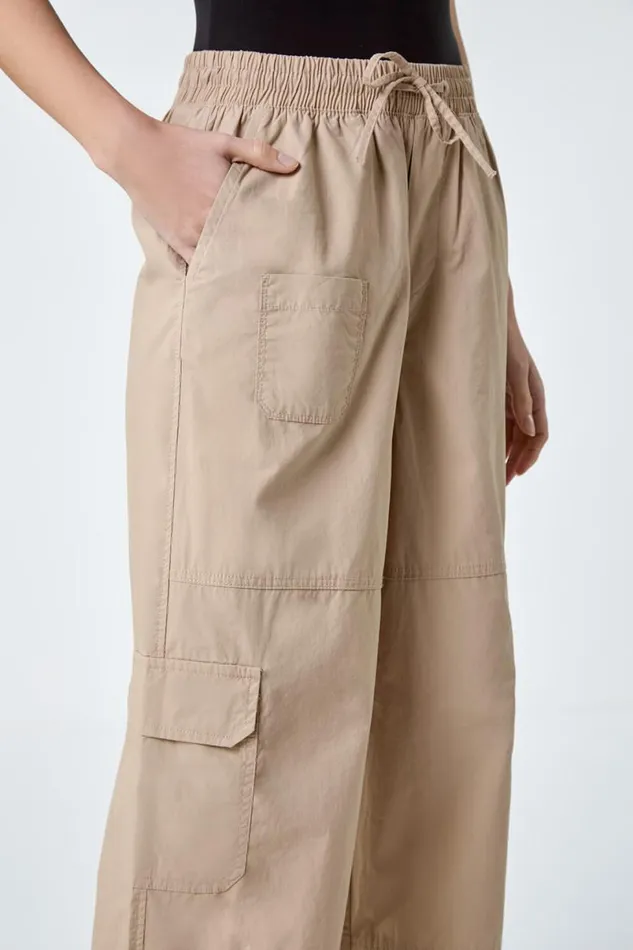 Natural Cotton Elastic Waist Wide Leg Cargo Trousers Women Roman Trousers