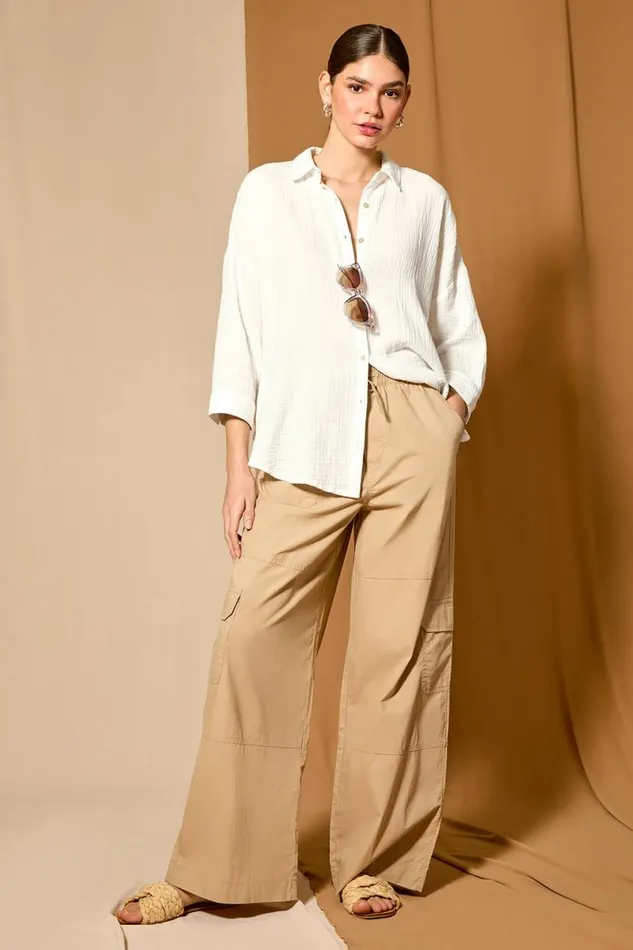 Natural Cotton Elastic Waist Wide Leg Cargo Trousers Women Roman Trousers