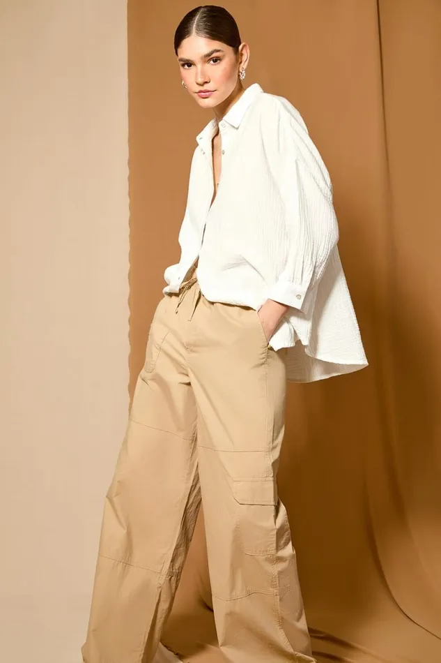 Natural Cotton Elastic Waist Wide Leg Cargo Trousers Women Roman Trousers