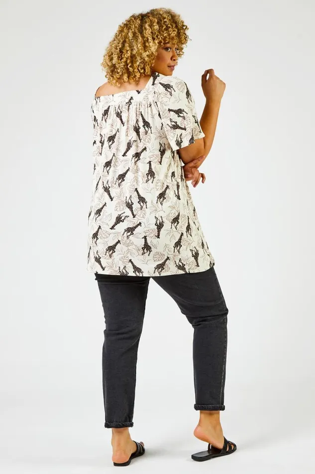 Natural Curve Animal Print Square Neck Tunic Top Women Roman Tops