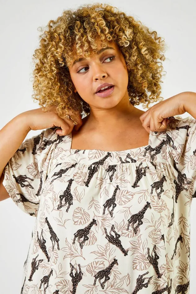 Natural Curve Animal Print Square Neck Tunic Top Women Roman Tops