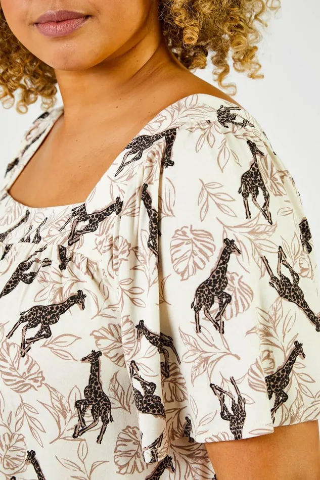 Natural Curve Animal Print Square Neck Tunic Top Women Roman Tops