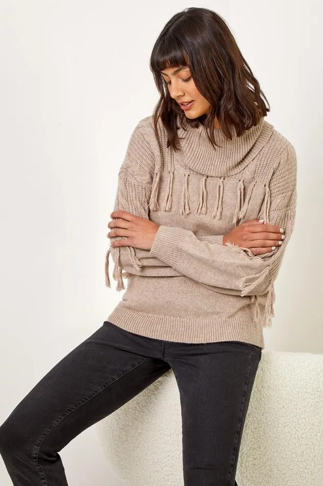 Natural Fringe Detail Roll Neck Longline Jumper Women Roman Knitwear