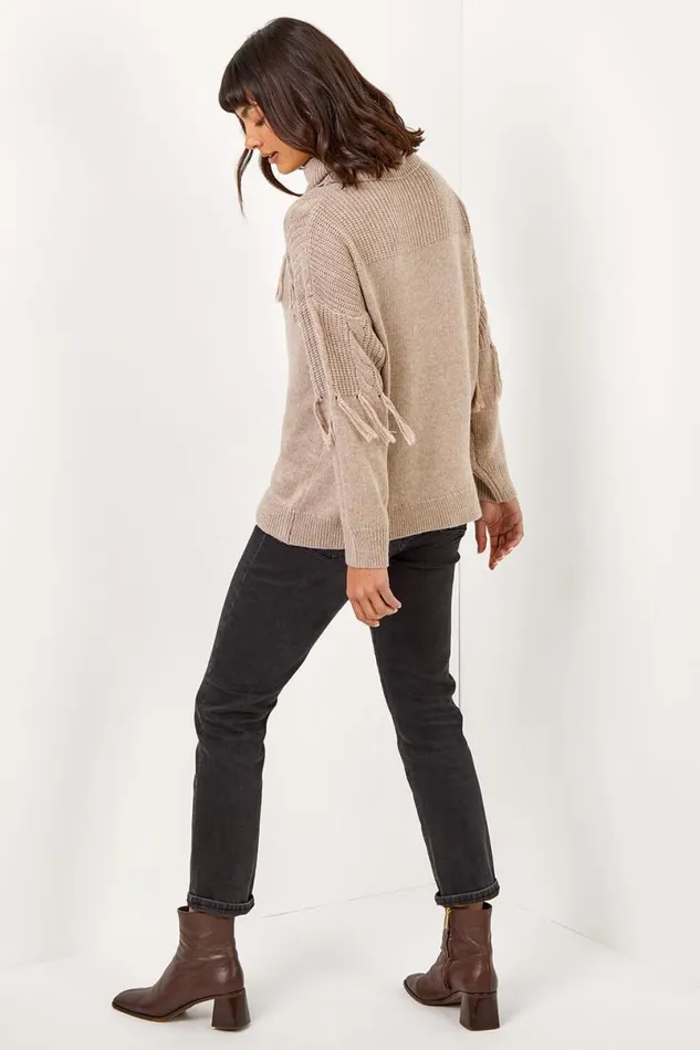 Natural Fringe Detail Roll Neck Longline Jumper Women Roman Knitwear