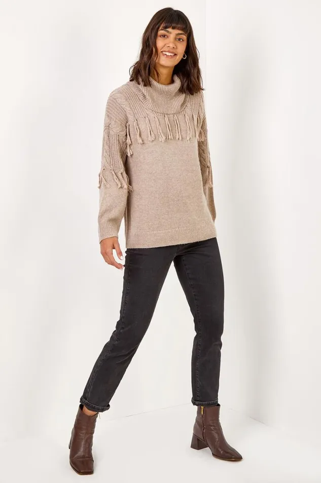 Natural Fringe Detail Roll Neck Longline Jumper Women Roman Knitwear