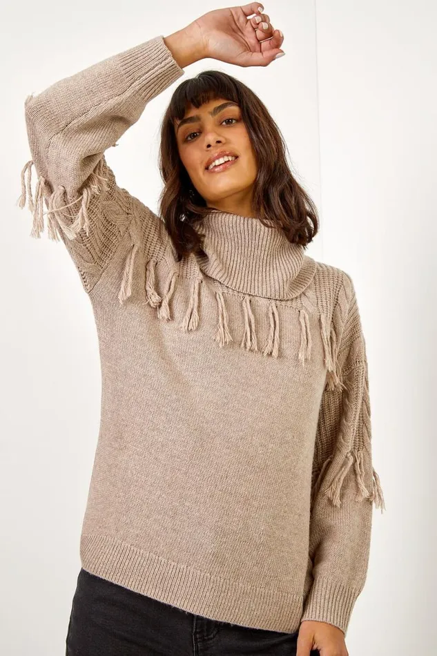 Natural Fringe Detail Roll Neck Longline Jumper Women Roman Knitwear