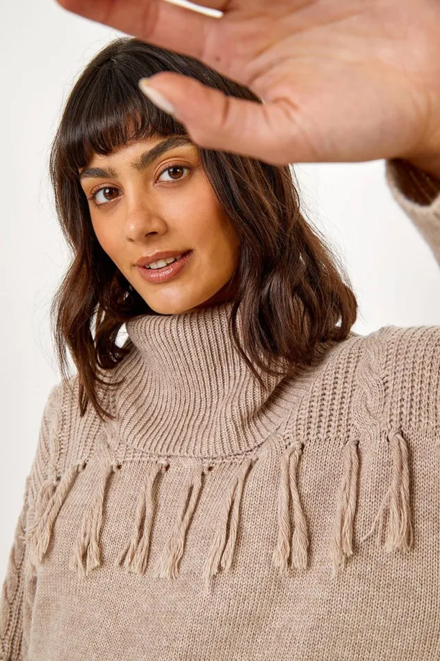 Natural Fringe Detail Roll Neck Longline Jumper Women Roman Knitwear