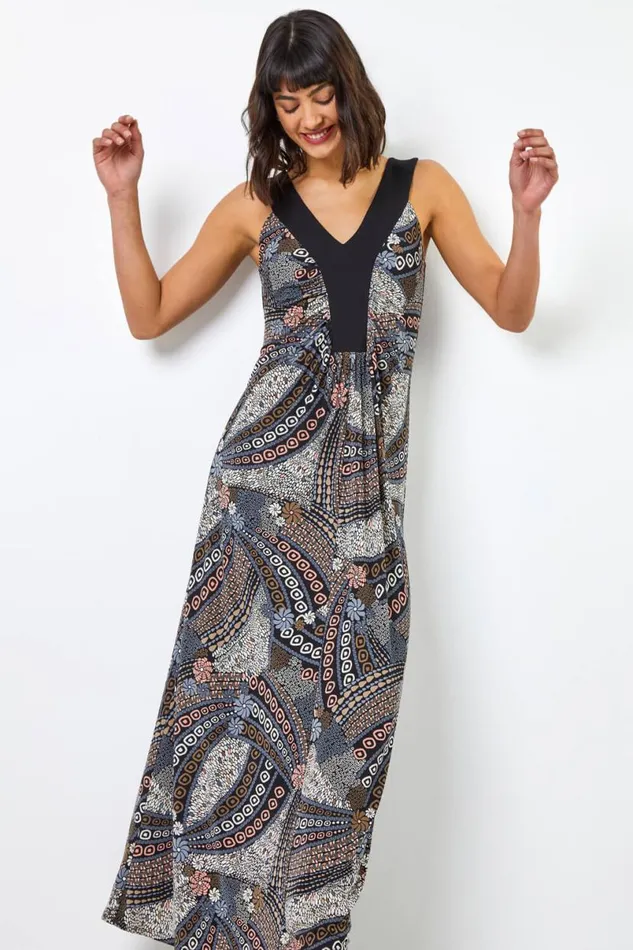 Natural Geo Print Contrast Band Maxi Dress Women Roman Dresses