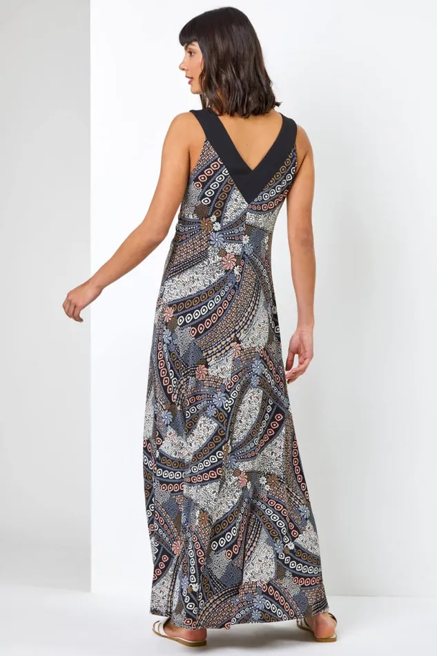 Natural Geo Print Contrast Band Maxi Dress Women Roman Dresses
