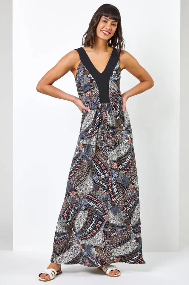 Natural Geo Print Contrast Band Maxi Dress Women Roman Dresses