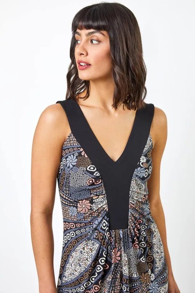 Natural Geo Print Contrast Band Maxi Dress Women Roman Dresses