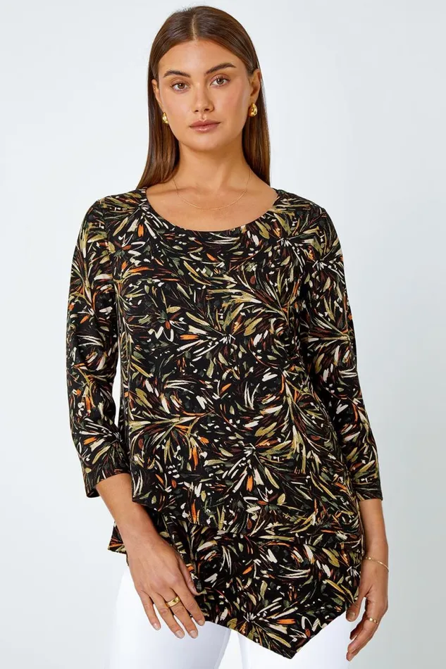 Natural Leaf Asymmetric Layer Stretch Top Women Roman Tops