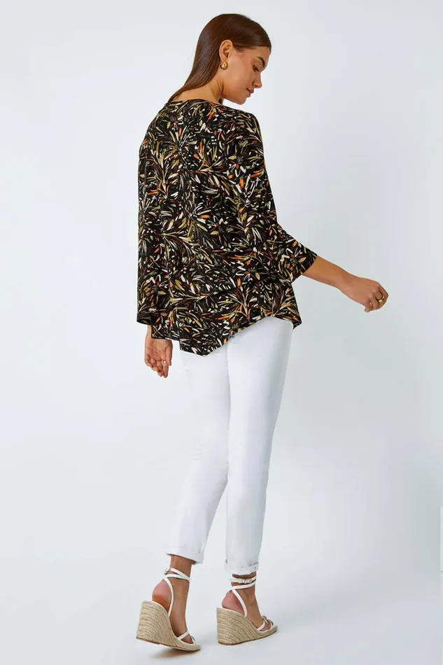 Natural Leaf Asymmetric Layer Stretch Top Women Roman Tops