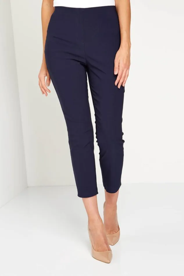 Navy 34 Length Stretch Elastic Waist Trouser Women Roman Trousers