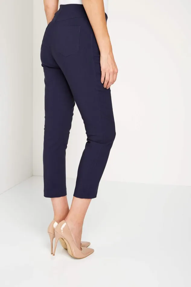 Navy 34 Length Stretch Elastic Waist Trouser Women Roman Trousers