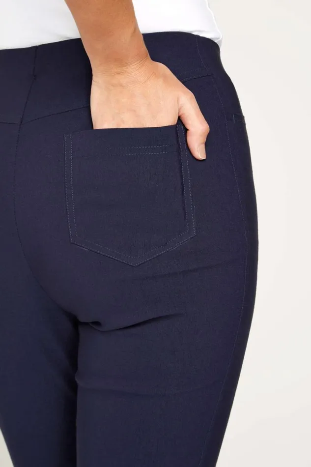 Navy 34 Length Stretch Elastic Waist Trouser Women Roman Trousers