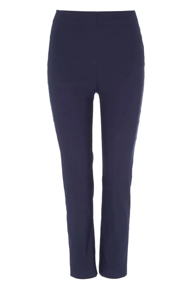 Navy 34 Length Stretch Elastic Waist Trouser Women Roman Trousers