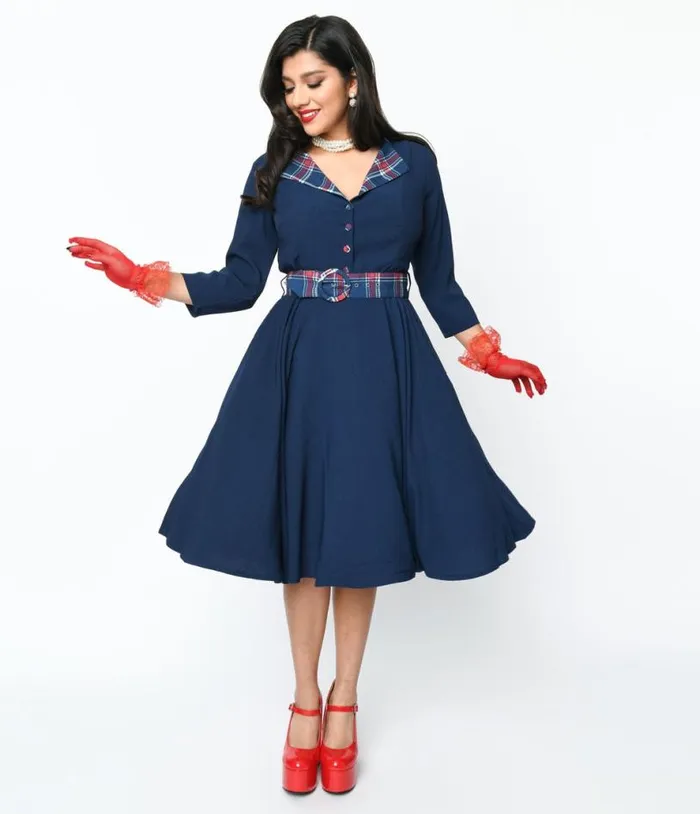 Navy and Plaid Contrast Lynette Swing Dress DressesPlus Unique Vintage Pocket Dresses