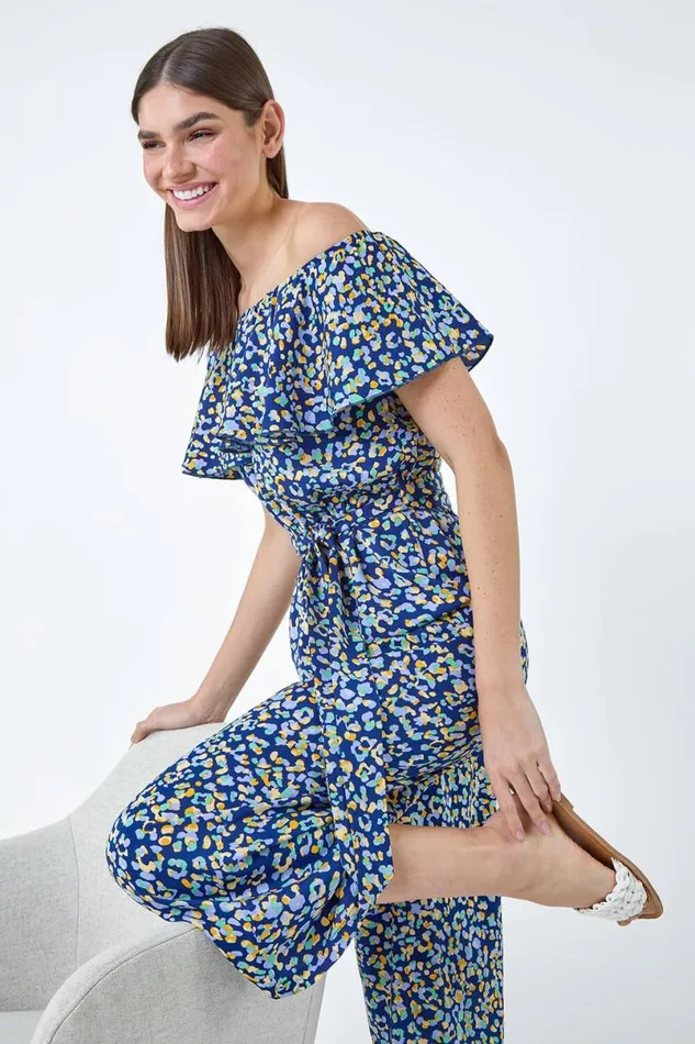 Navy Animal Print Belted Jumpsuit Women Roman Dresses