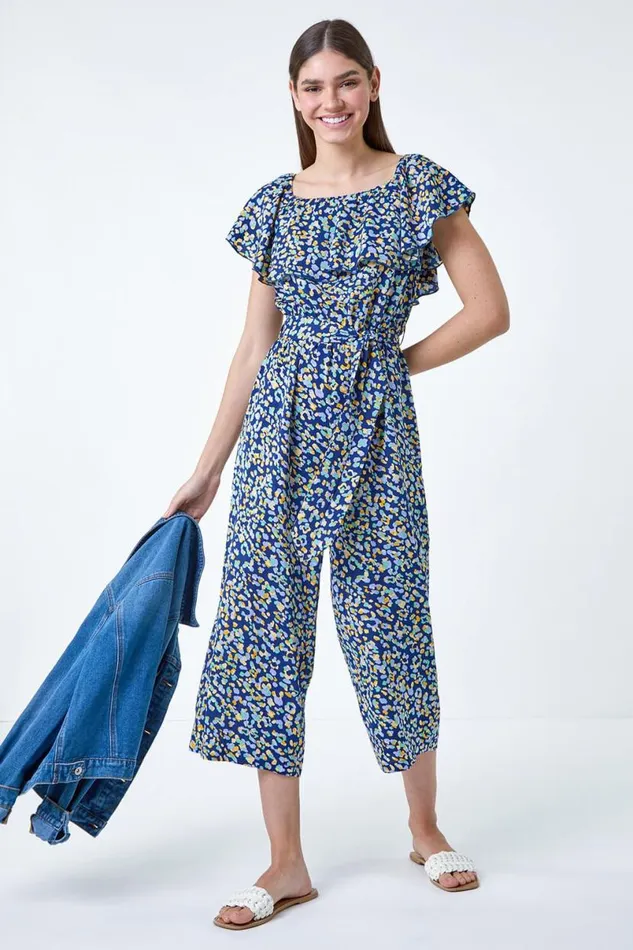 Navy Animal Print Belted Jumpsuit Women Roman Dresses