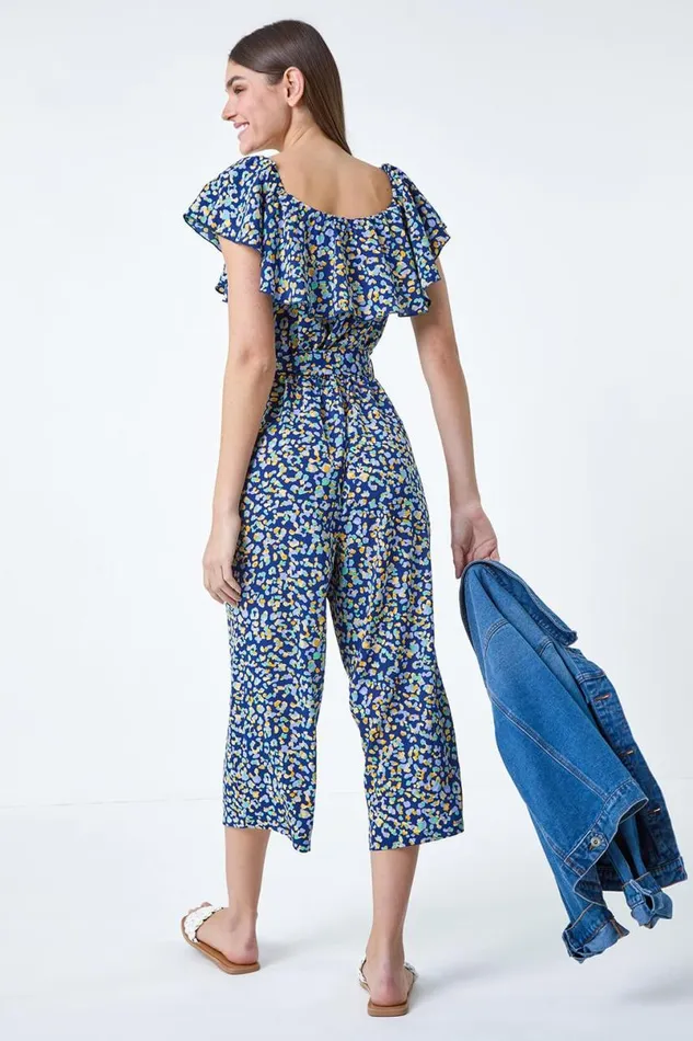 Navy Animal Print Belted Jumpsuit Women Roman Dresses