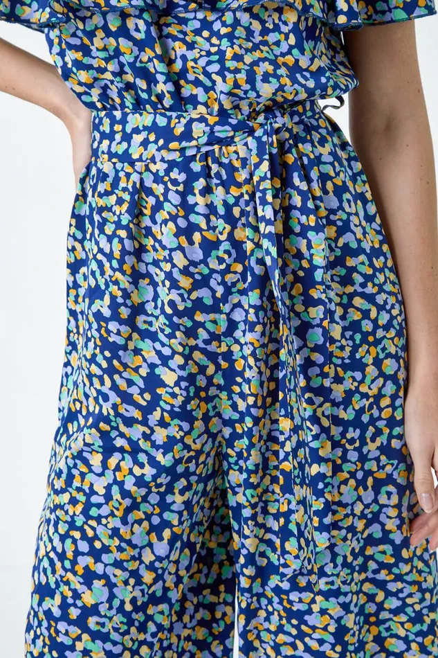 Navy Animal Print Belted Jumpsuit Women Roman Dresses
