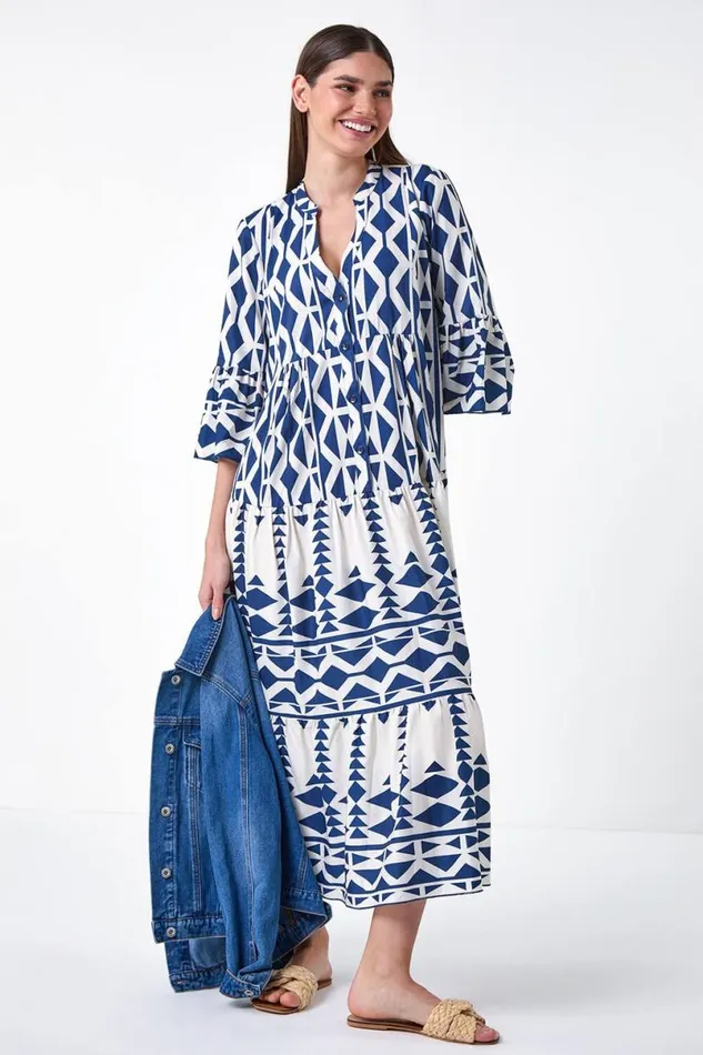 Navy Aztec Print Tiered Midi Smock Dress Women Roman Dresses