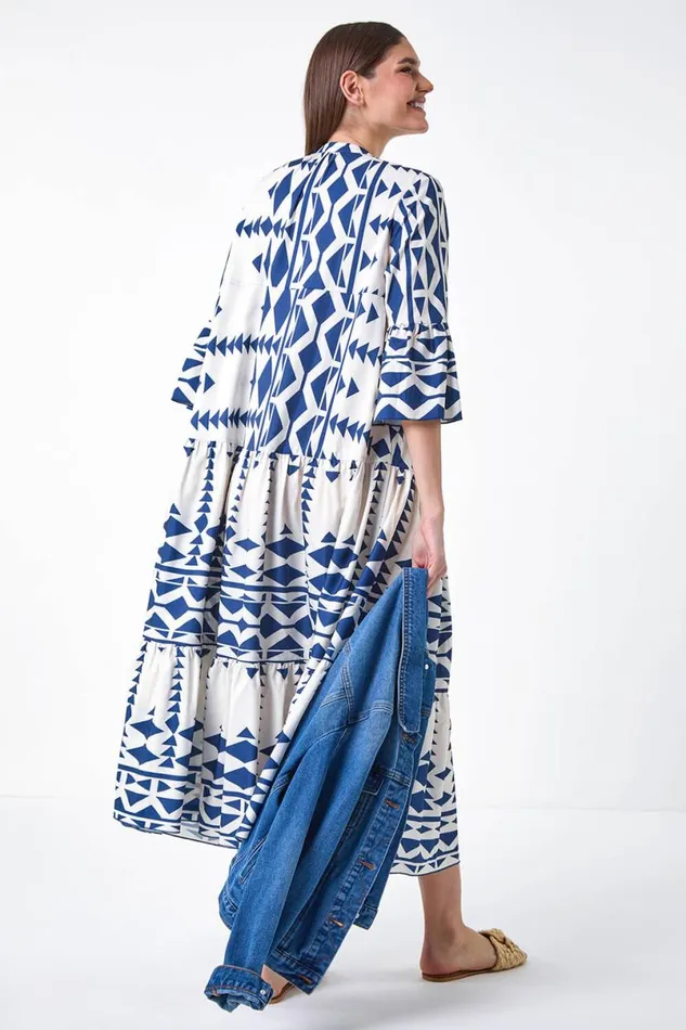 Navy Aztec Print Tiered Midi Smock Dress Women Roman Dresses