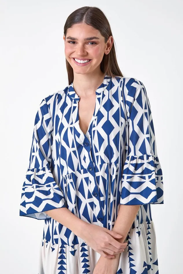 Navy Aztec Print Tiered Midi Smock Dress Women Roman Dresses