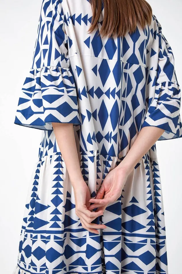 Navy Aztec Print Tiered Midi Smock Dress Women Roman Dresses