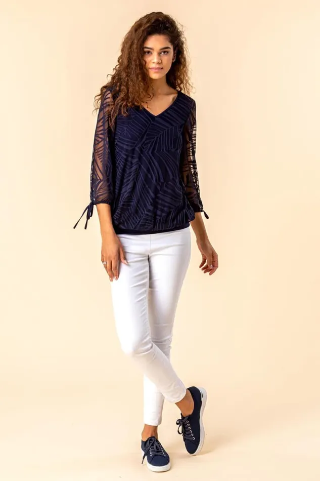 Navy Burnout Tie Sleeve VNeck Overlay Top Women Roman Tops