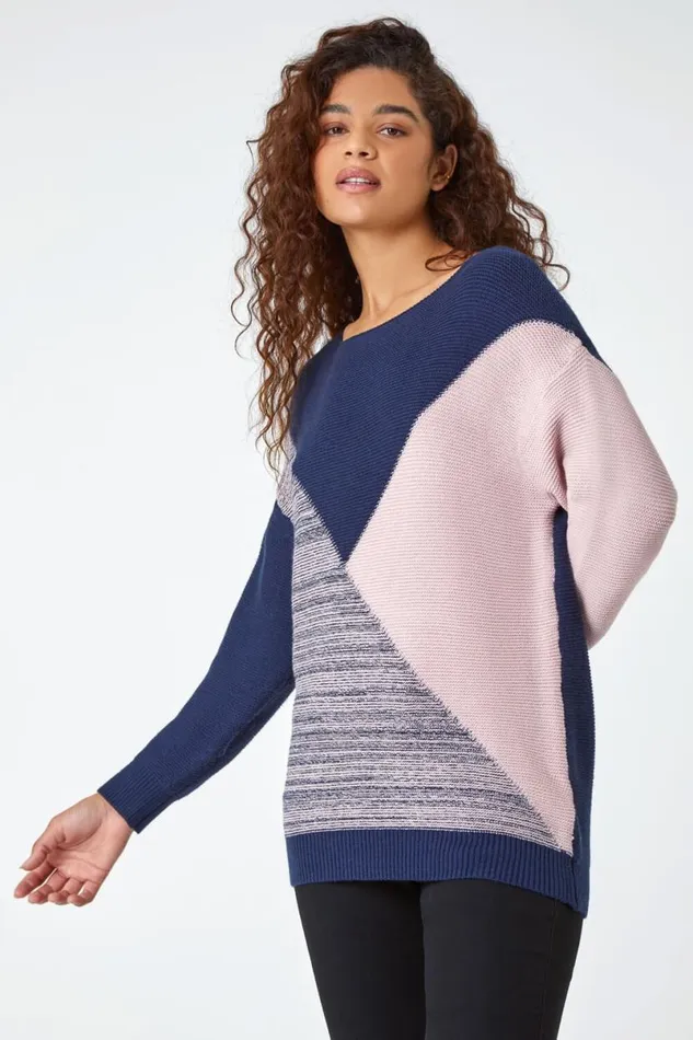 Navy Colour Block Knit Jumper Women Roman Knitwear