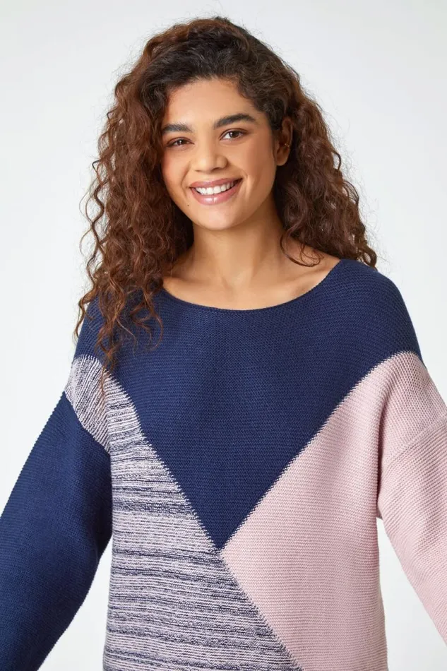 Navy Colour Block Knit Jumper Women Roman Knitwear