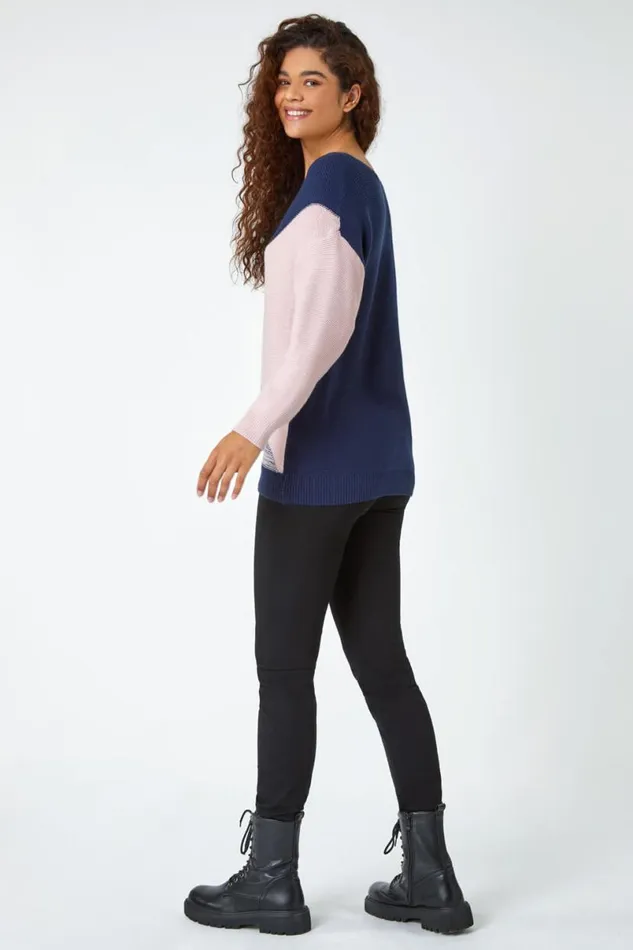 Navy Colour Block Knit Jumper Women Roman Knitwear