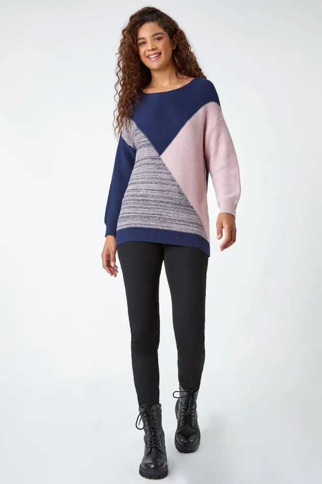 Navy Colour Block Knit Jumper Women Roman Knitwear