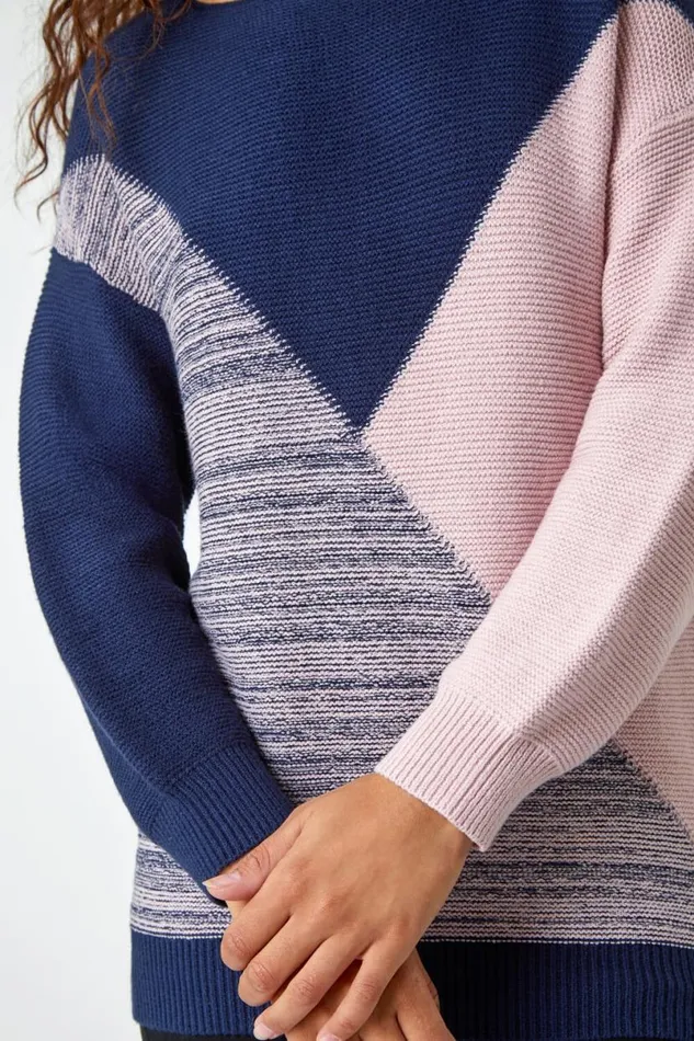 Navy Colour Block Knit Jumper Women Roman Knitwear
