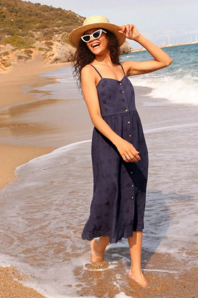 Navy Cotton Blend Embroidered Stretch Dress Women Roman Dresses