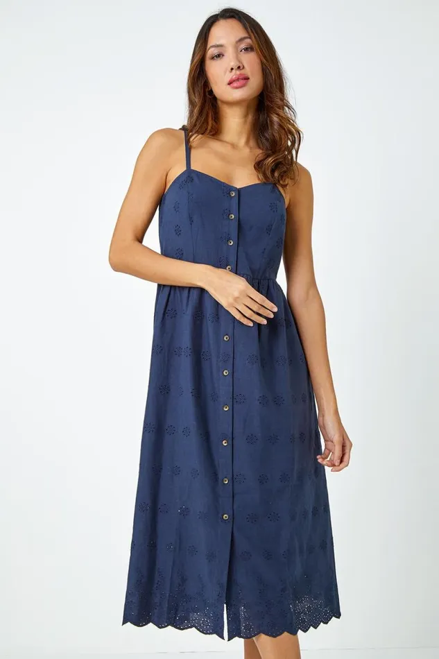 Navy Cotton Blend Embroidered Stretch Dress Women Roman Dresses