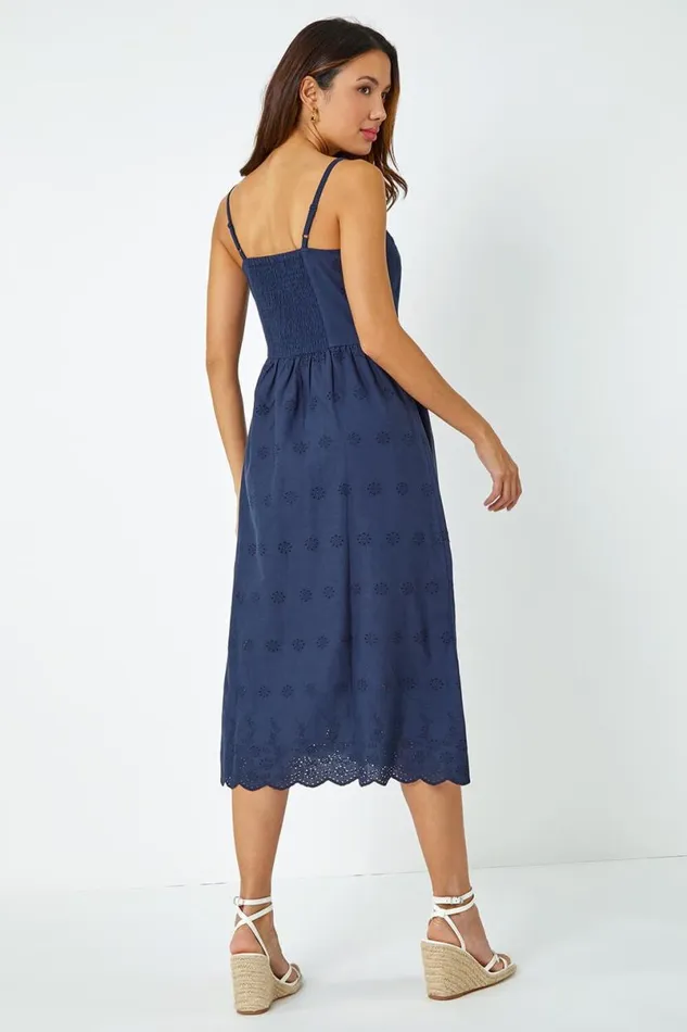 Navy Cotton Blend Embroidered Stretch Dress Women Roman Dresses