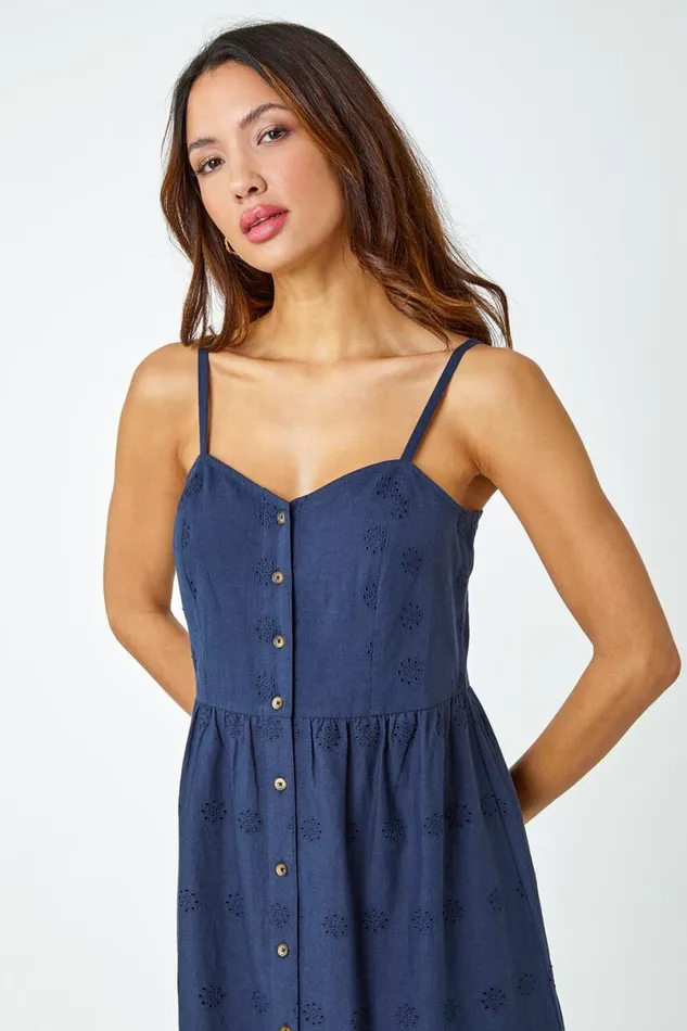 Navy Cotton Blend Embroidered Stretch Dress Women Roman Dresses