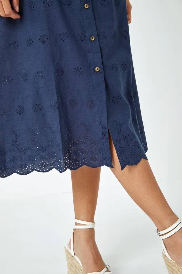 Navy Cotton Blend Embroidered Stretch Dress Women Roman Dresses